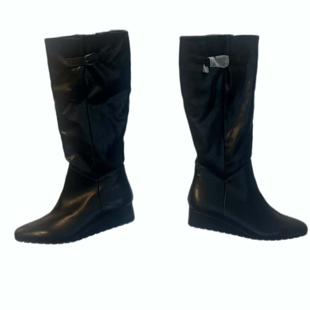 Anne Klein Mollie Boots Womens Black Faux Leather Knee High Wedge Heel New 6M